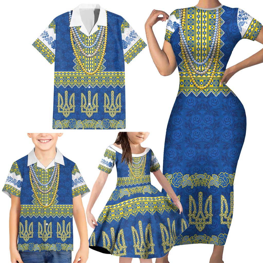 Ukraine Vyshyvanka Motif Family Matching Short Sleeve Bodycon Dress and Hawaiian Shirt Ukrainian Coat Of Arms Rose Patterns - Wonder Print Shop