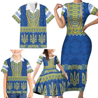 Ukraine Vyshyvanka Motif Family Matching Short Sleeve Bodycon Dress and Hawaiian Shirt Ukrainian Coat Of Arms Rose Patterns - Wonder Print Shop