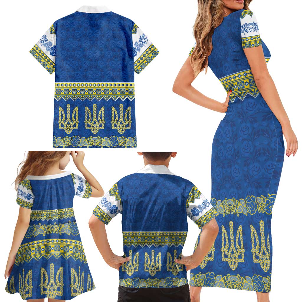 Ukraine Vyshyvanka Motif Family Matching Short Sleeve Bodycon Dress and Hawaiian Shirt Ukrainian Coat Of Arms Rose Patterns - Wonder Print Shop