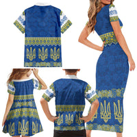 Ukraine Vyshyvanka Motif Family Matching Short Sleeve Bodycon Dress and Hawaiian Shirt Ukrainian Coat Of Arms Rose Patterns - Wonder Print Shop