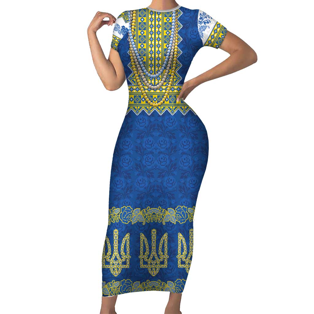 Ukraine Vyshyvanka Motif Family Matching Short Sleeve Bodycon Dress and Hawaiian Shirt Ukrainian Coat Of Arms Rose Patterns - Wonder Print Shop