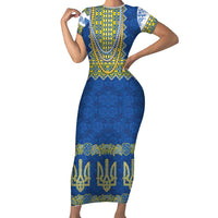 Ukraine Vyshyvanka Motif Family Matching Short Sleeve Bodycon Dress and Hawaiian Shirt Ukrainian Coat Of Arms Rose Patterns - Wonder Print Shop