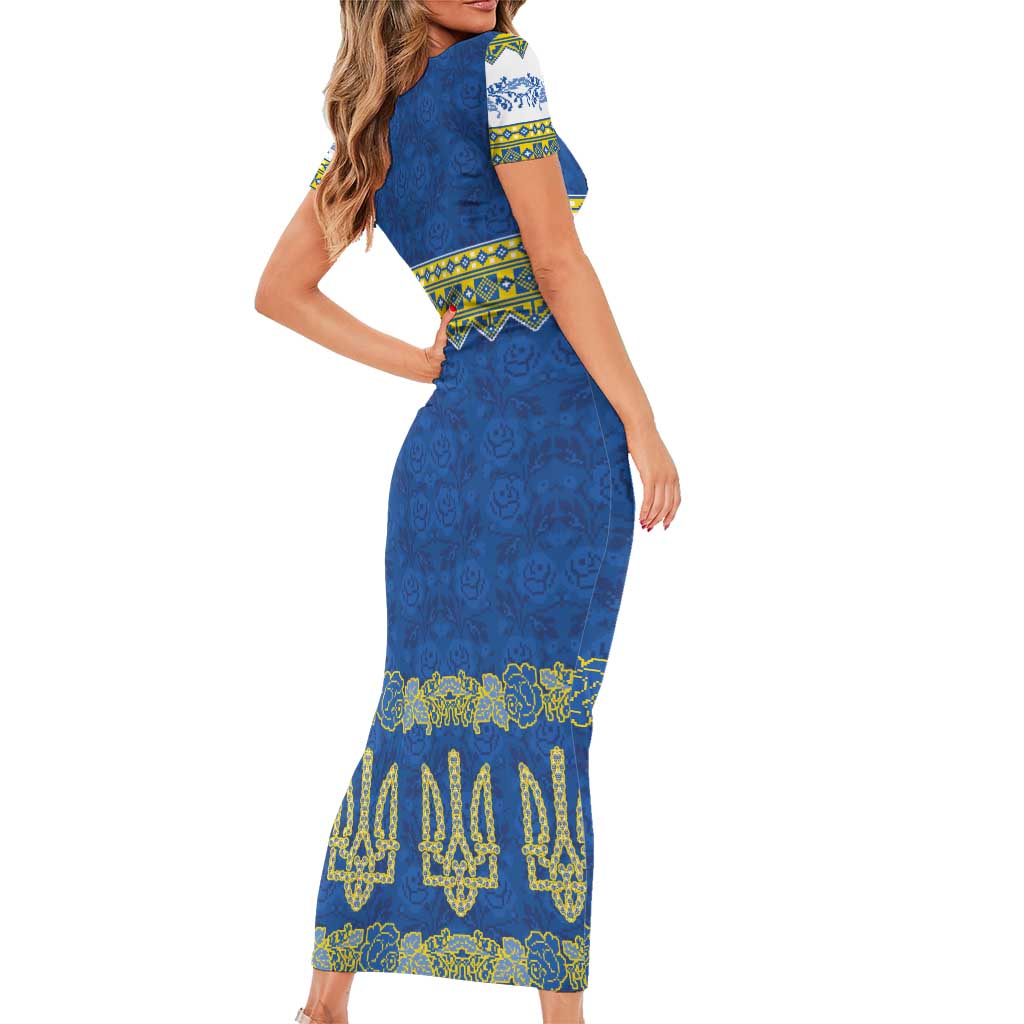 Ukraine Vyshyvanka Motif Family Matching Short Sleeve Bodycon Dress and Hawaiian Shirt Ukrainian Coat Of Arms Rose Patterns - Wonder Print Shop