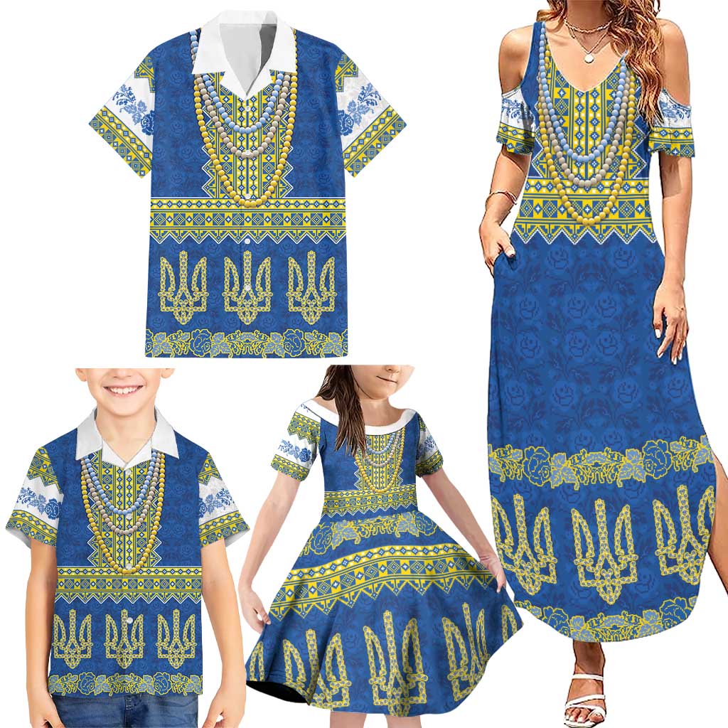 Ukraine Vyshyvanka Motif Family Matching Summer Maxi Dress and Hawaiian Shirt Ukrainian Coat Of Arms Rose Patterns - Wonder Print Shop
