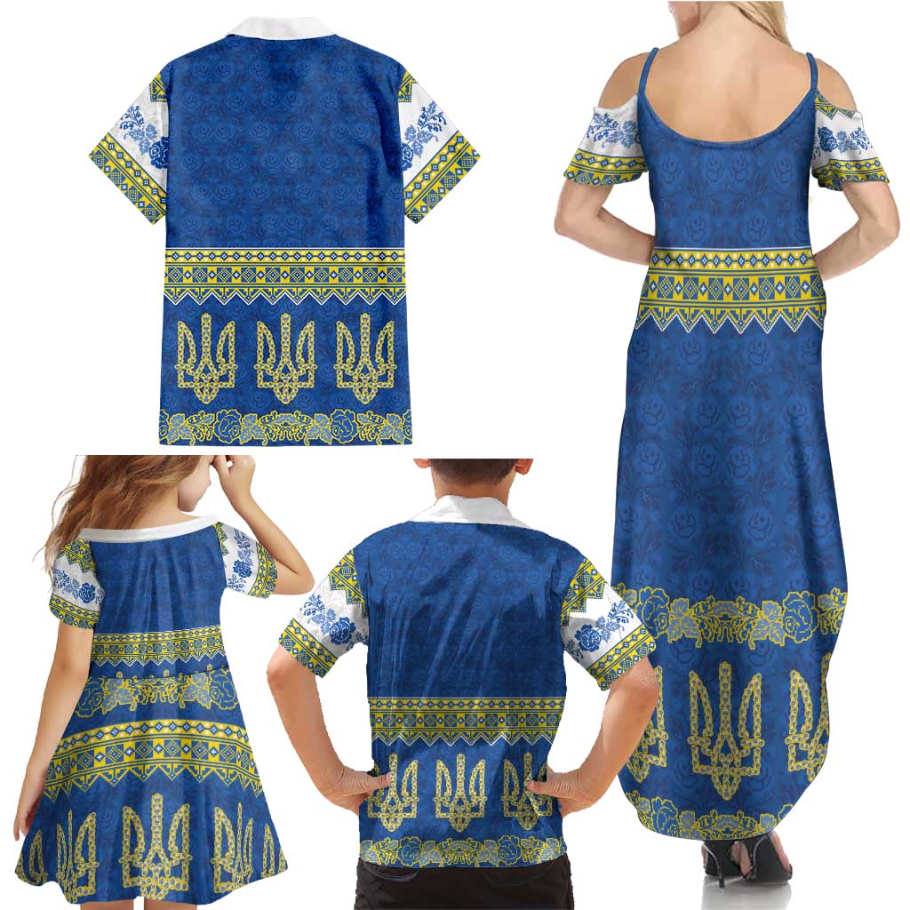 Ukraine Vyshyvanka Motif Family Matching Summer Maxi Dress and Hawaiian Shirt Ukrainian Coat Of Arms Rose Patterns - Wonder Print Shop