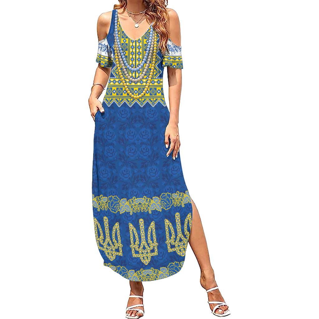 Ukraine Vyshyvanka Motif Family Matching Summer Maxi Dress and Hawaiian Shirt Ukrainian Coat Of Arms Rose Patterns - Wonder Print Shop
