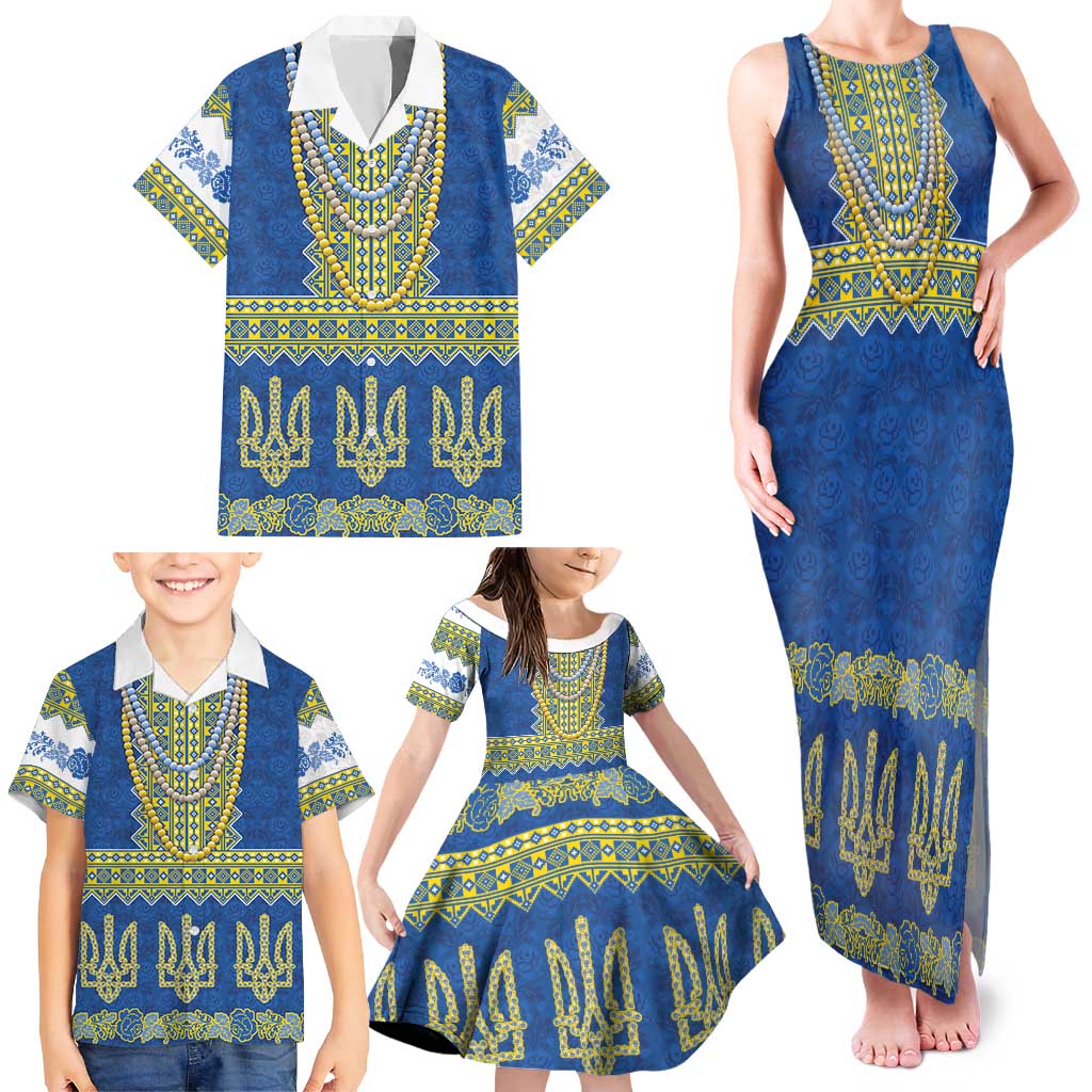 Ukraine Vyshyvanka Motif Family Matching Tank Maxi Dress and Hawaiian Shirt Ukrainian Coat Of Arms Rose Patterns - Wonder Print Shop