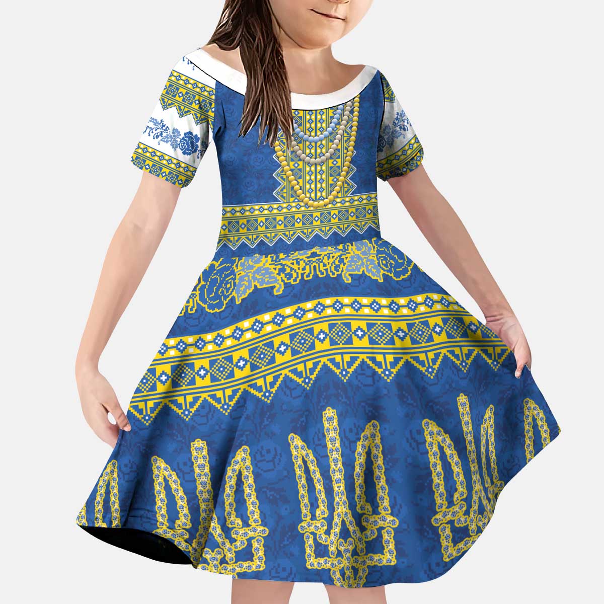 Ukraine Vyshyvanka Motif Kid Short Sleeve Dress Ukrainian Coat Of Arms Rose Patterns - Wonder Print Shop