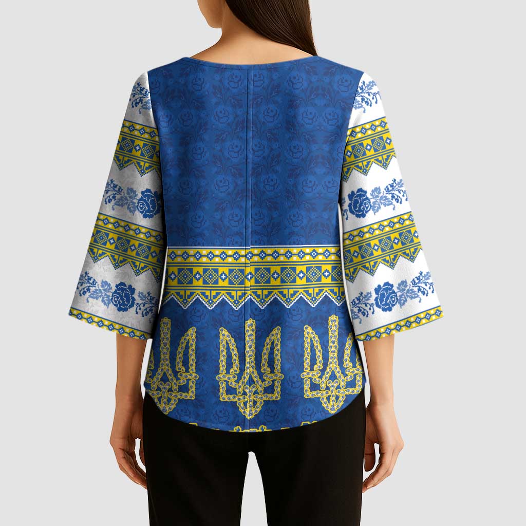 Ukraine Vyshyvanka Motif Kimono Sleeve Blouse Ukrainian Coat Of Arms Rose Patterns - Wonder Print Shop
