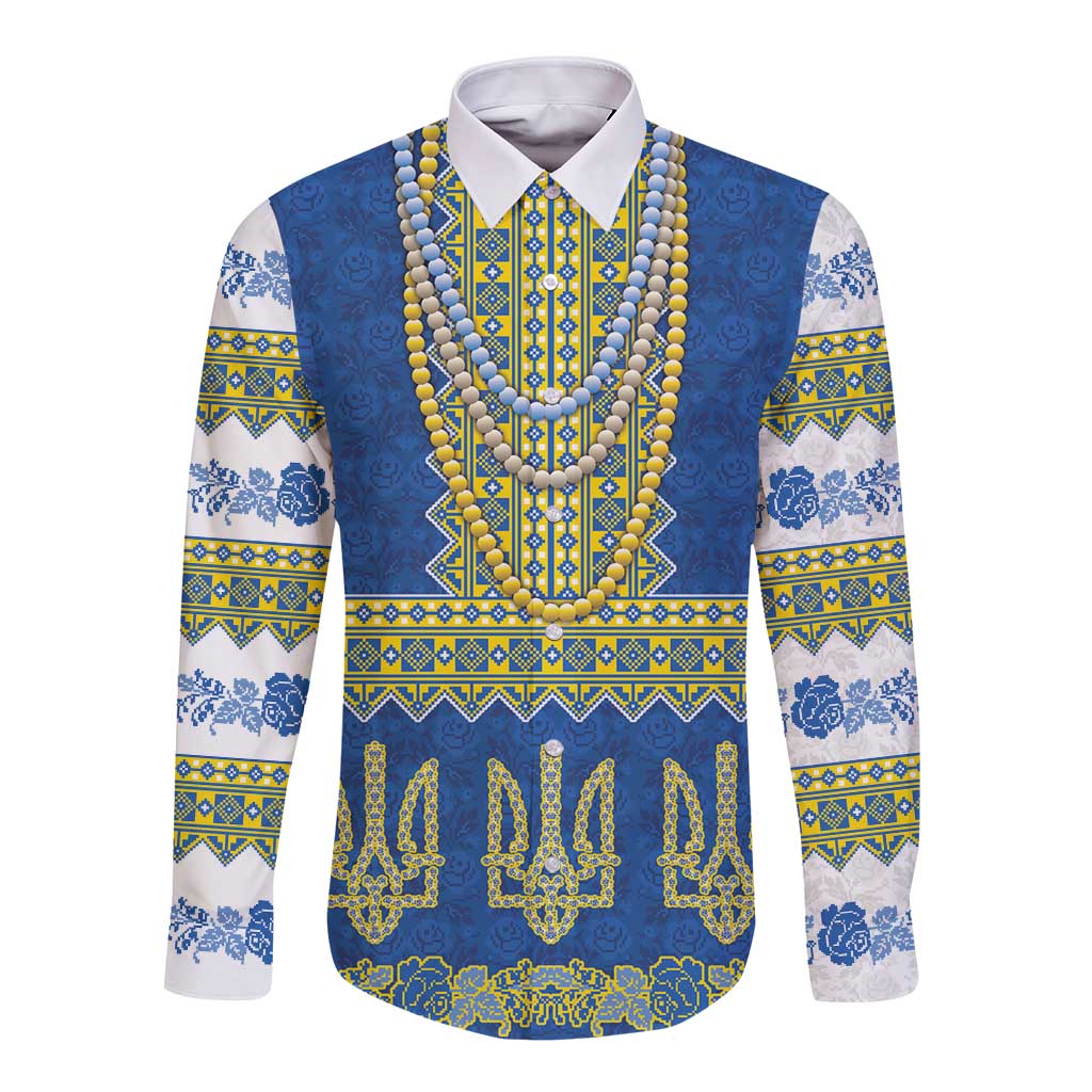 Ukraine Vyshyvanka Motif Long Sleeve Button Shirt Ukrainian Coat Of Arms Rose Patterns - Wonder Print Shop