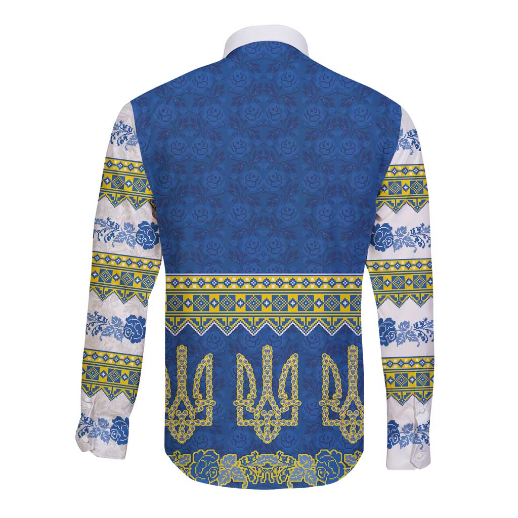 Ukraine Vyshyvanka Motif Long Sleeve Button Shirt Ukrainian Coat Of Arms Rose Patterns - Wonder Print Shop