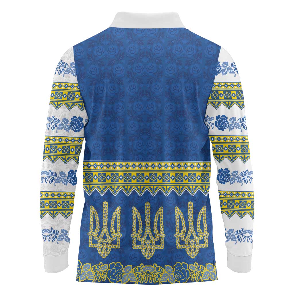 Ukraine Vyshyvanka Motif Long Sleeve Polo Shirt Ukrainian Coat Of Arms Rose Patterns - Wonder Print Shop