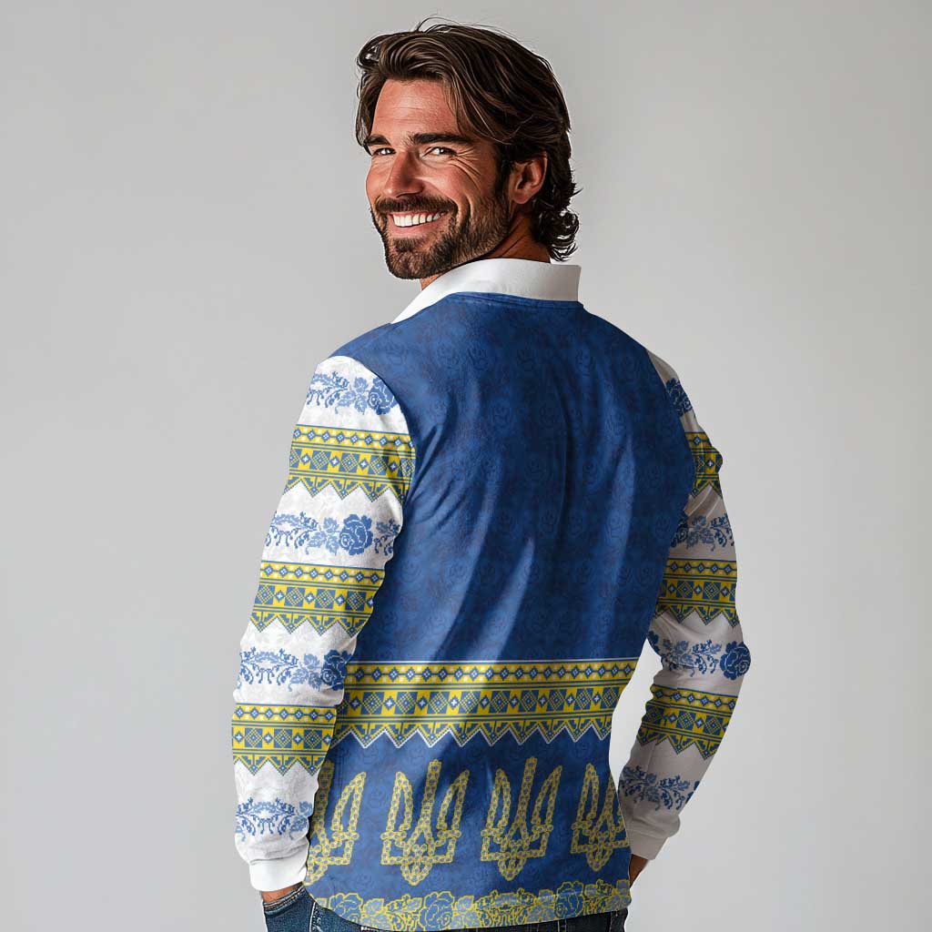 Ukraine Vyshyvanka Motif Long Sleeve Polo Shirt Ukrainian Coat Of Arms Rose Patterns - Wonder Print Shop