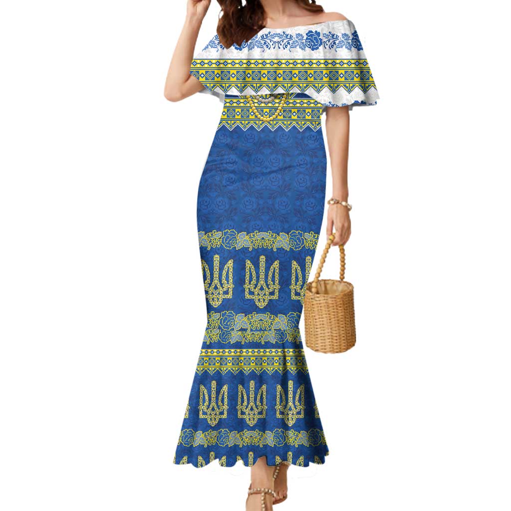 Ukraine Vyshyvanka Motif Mermaid Dress Ukrainian Coat Of Arms Rose Patterns - Wonder Print Shop