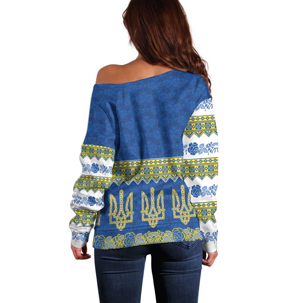 Ukraine Vyshyvanka Motif Off Shoulder Sweater Ukrainian Coat Of Arms Rose Patterns - Wonder Print Shop