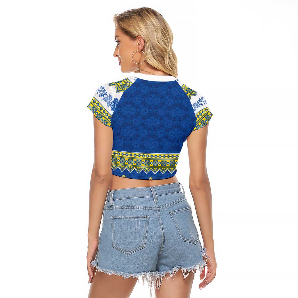 Ukraine Vyshyvanka Motif Raglan Cropped T Shirt Ukrainian Coat Of Arms Rose Patterns - Wonder Print Shop