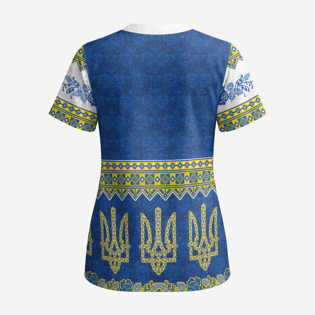 Ukraine Vyshyvanka Motif Scrub Top Ukrainian Coat Of Arms Rose Patterns - Wonder Print Shop