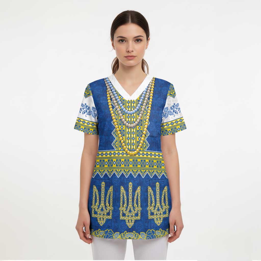 Ukraine Vyshyvanka Motif Scrub Top Ukrainian Coat Of Arms Rose Patterns - Wonder Print Shop