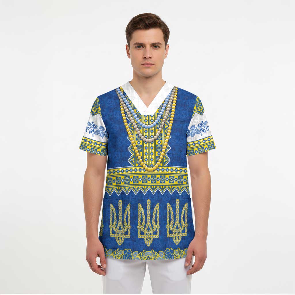 Ukraine Vyshyvanka Motif Scrub Top Ukrainian Coat Of Arms Rose Patterns - Wonder Print Shop