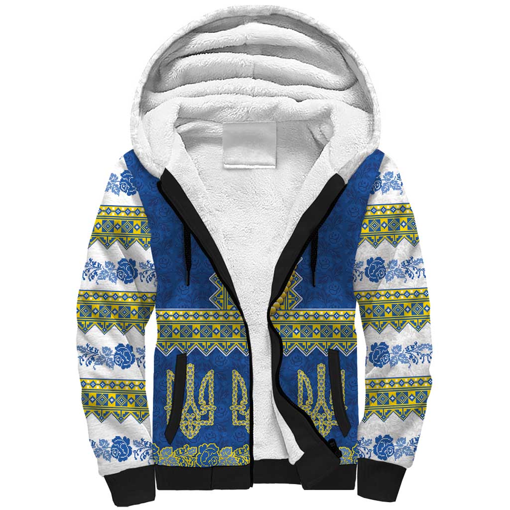 Ukraine Vyshyvanka Motif Sherpa Hoodie Ukrainian Coat Of Arms Rose Patterns - Wonder Print Shop