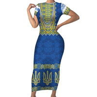 Ukraine Vyshyvanka Motif Short Sleeve Bodycon Dress Ukrainian Coat Of Arms Rose Patterns - Wonder Print Shop