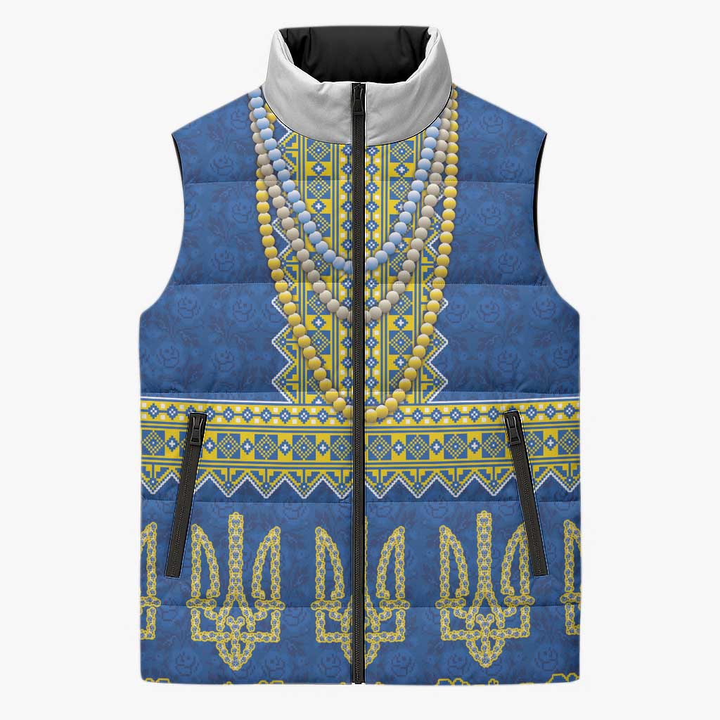 Ukraine Vyshyvanka Motif Sleeveless Puffer Jacket Ukrainian Coat Of Arms Rose Patterns - Wonder Print Shop
