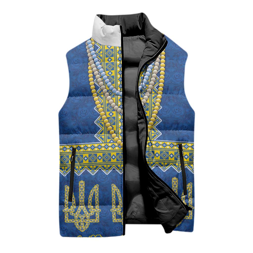 Ukraine Vyshyvanka Motif Sleeveless Puffer Jacket Ukrainian Coat Of Arms Rose Patterns - Wonder Print Shop