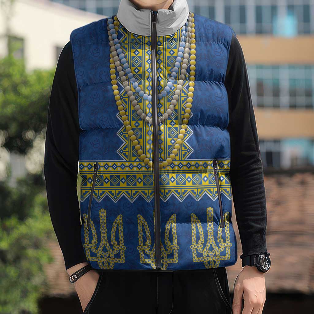 Ukraine Vyshyvanka Motif Sleeveless Puffer Jacket Ukrainian Coat Of Arms Rose Patterns - Wonder Print Shop