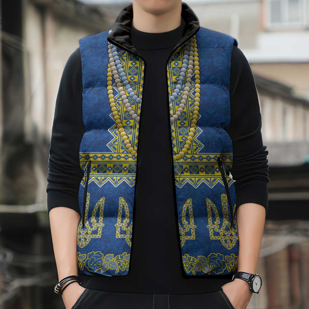 Ukraine Vyshyvanka Motif Sleeveless Puffer Jacket Ukrainian Coat Of Arms Rose Patterns - Wonder Print Shop