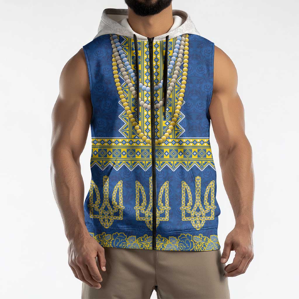 Ukraine Vyshyvanka Motif Sleeveless Zip Hoodie Ukrainian Coat Of Arms Rose Patterns - Wonder Print Shop
