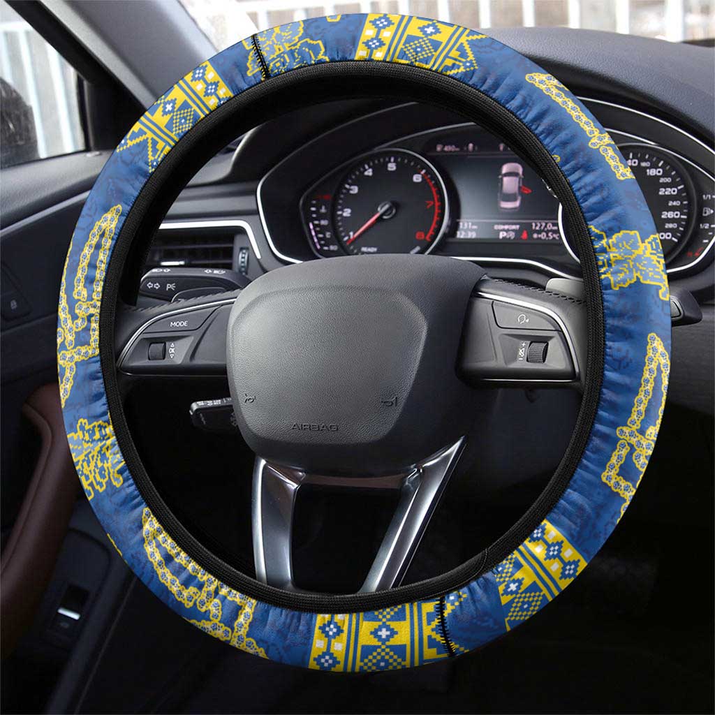 Ukraine Vyshyvanka Motif Steering Wheel Cover Ukrainian Coat Of Arms Rose Patterns - Wonder Print Shop