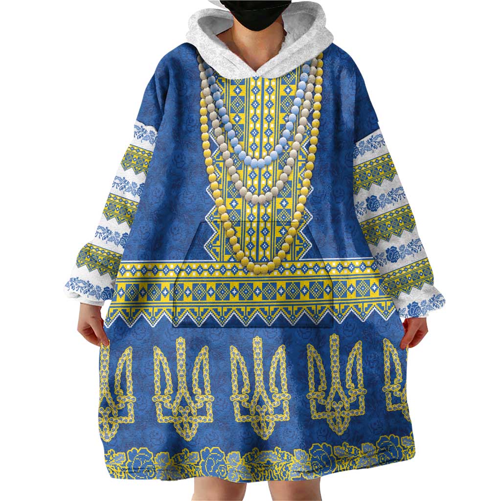 Ukraine Vyshyvanka Motif Wearable Blanket Hoodie Ukrainian Coat Of Arms Rose Patterns - Wonder Print Shop