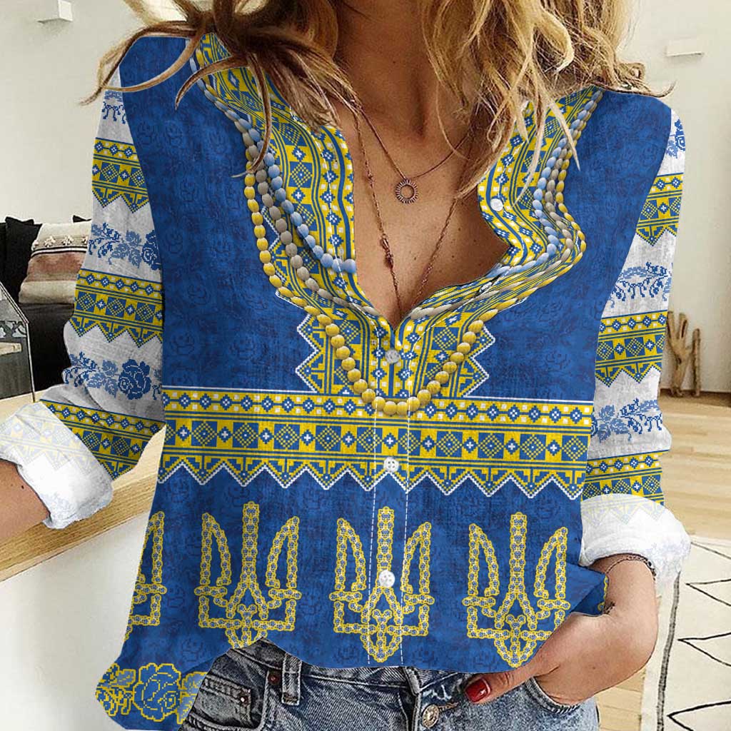Ukraine Vyshyvanka Motif Women Casual Shirt Ukrainian Coat Of Arms Rose Patterns - Wonder Print Shop