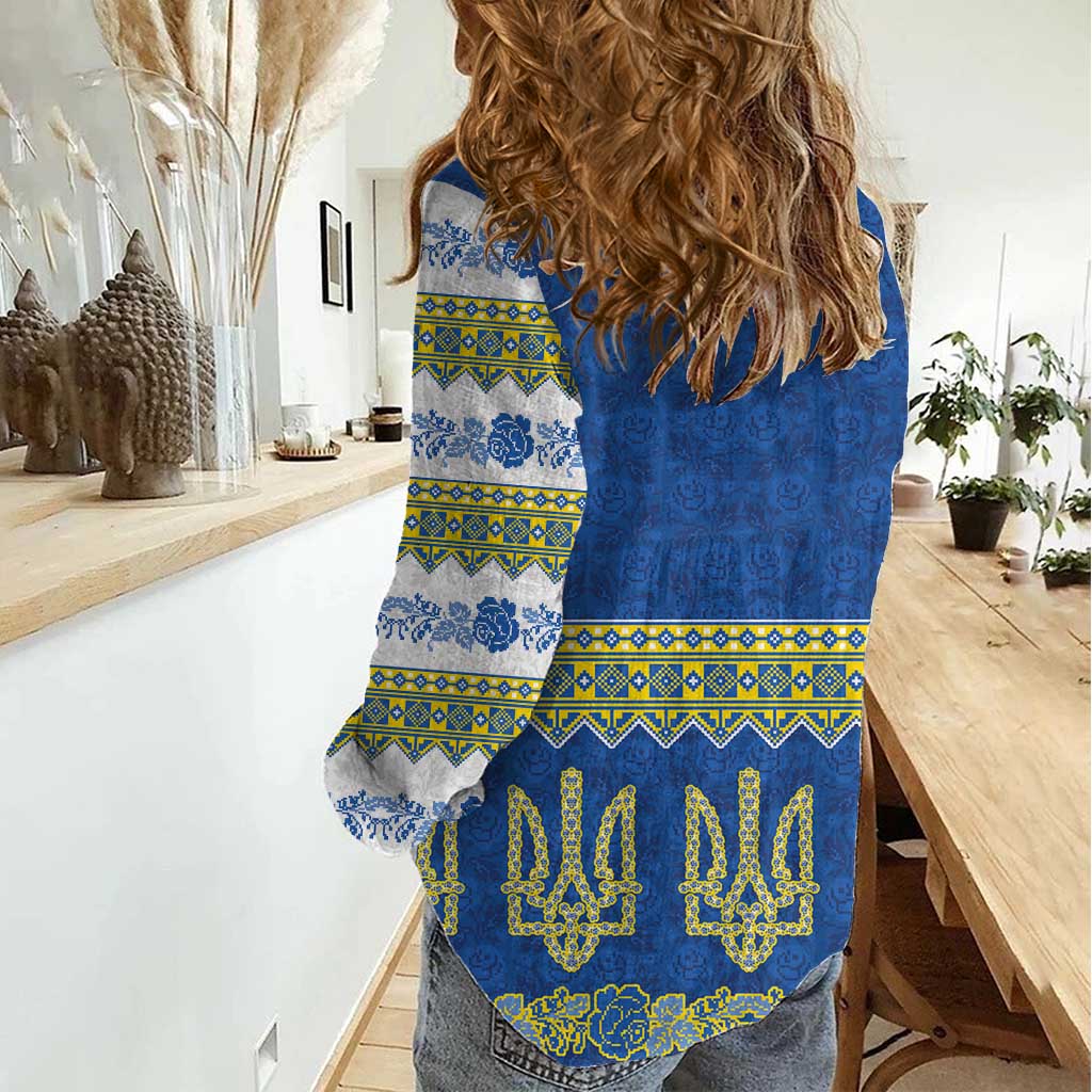 Ukraine Vyshyvanka Motif Women Casual Shirt Ukrainian Coat Of Arms Rose Patterns - Wonder Print Shop