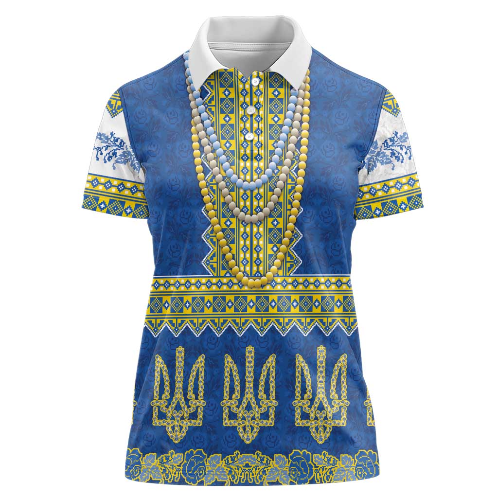 Ukraine Vyshyvanka Motif Women Polo Shirt Ukrainian Coat Of Arms Rose Patterns - Wonder Print Shop