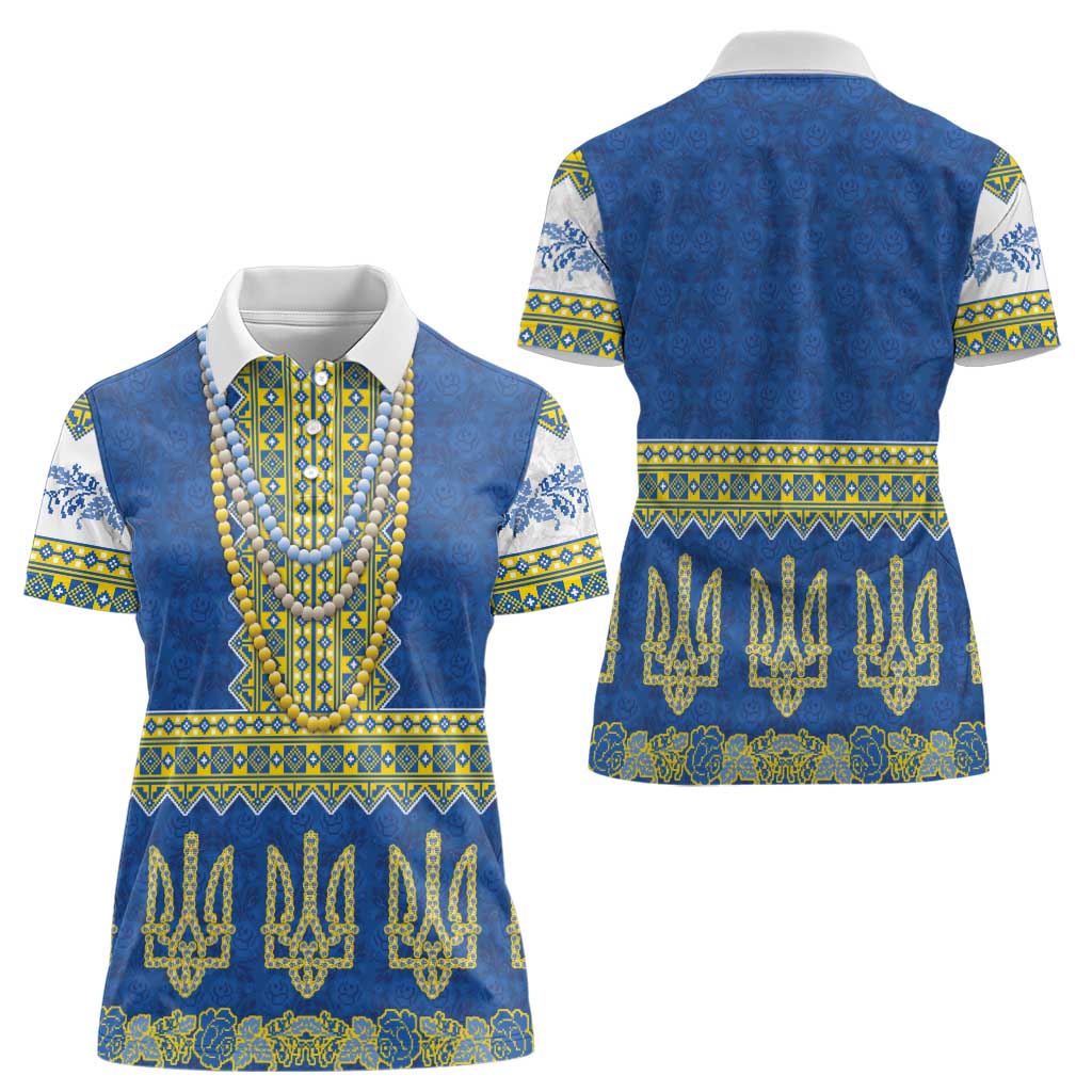 Ukraine Vyshyvanka Motif Women Polo Shirt Ukrainian Coat Of Arms Rose Patterns - Wonder Print Shop