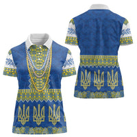 Ukraine Vyshyvanka Motif Women Polo Shirt Ukrainian Coat Of Arms Rose Patterns - Wonder Print Shop