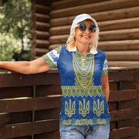 Ukraine Vyshyvanka Motif Women Polo Shirt Ukrainian Coat Of Arms Rose Patterns - Wonder Print Shop