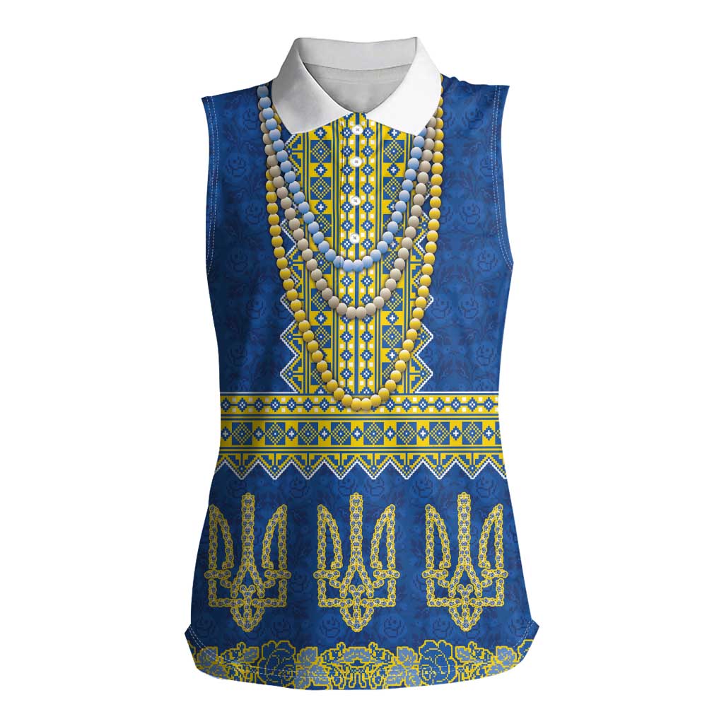 Ukraine Vyshyvanka Motif Women Sleeveless Polo Shirt Ukrainian Coat Of Arms Rose Patterns - Wonder Print Shop