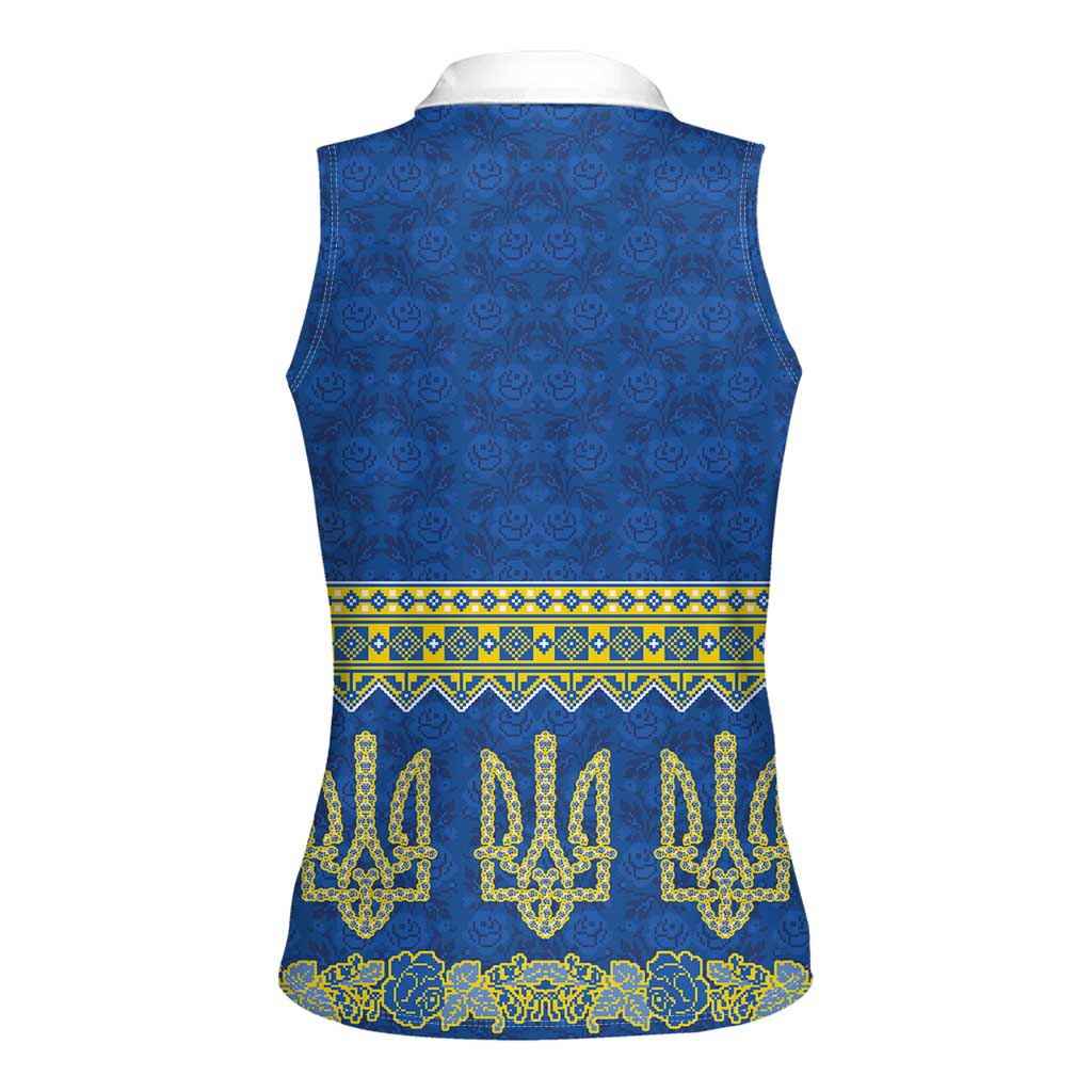Ukraine Vyshyvanka Motif Women Sleeveless Polo Shirt Ukrainian Coat Of Arms Rose Patterns - Wonder Print Shop