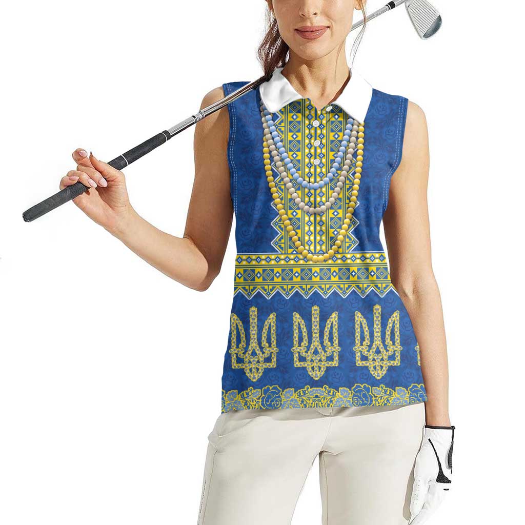 Ukraine Vyshyvanka Motif Women Sleeveless Polo Shirt Ukrainian Coat Of Arms Rose Patterns - Wonder Print Shop