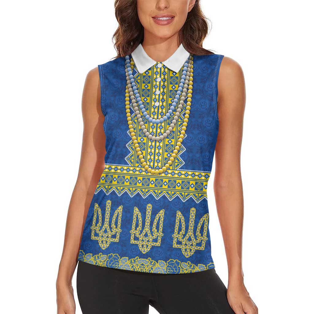 Ukraine Vyshyvanka Motif Women Sleeveless Polo Shirt Ukrainian Coat Of Arms Rose Patterns - Wonder Print Shop