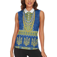Ukraine Vyshyvanka Motif Women Sleeveless Polo Shirt Ukrainian Coat Of Arms Rose Patterns - Wonder Print Shop