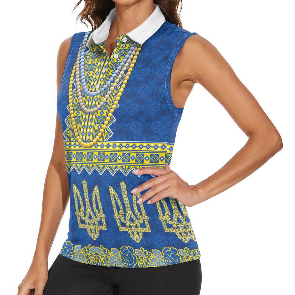 Ukraine Vyshyvanka Motif Women Sleeveless Polo Shirt Ukrainian Coat Of Arms Rose Patterns - Wonder Print Shop