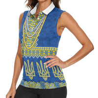 Ukraine Vyshyvanka Motif Women Sleeveless Polo Shirt Ukrainian Coat Of Arms Rose Patterns - Wonder Print Shop