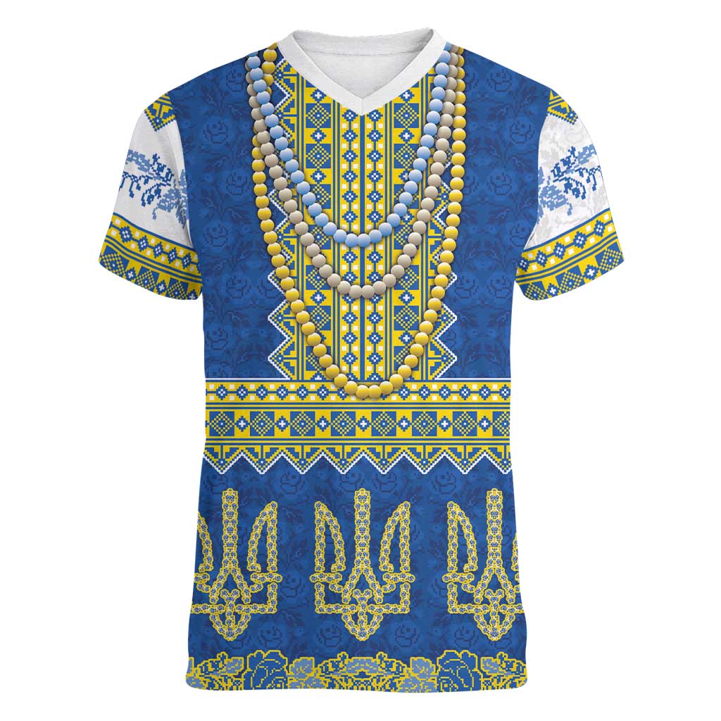 Ukraine Vyshyvanka Motif Women V-Neck T-Shirt Ukrainian Coat Of Arms Rose Patterns - Wonder Print Shop