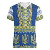 Ukraine Vyshyvanka Motif Women V-Neck T-Shirt Ukrainian Coat Of Arms Rose Patterns - Wonder Print Shop