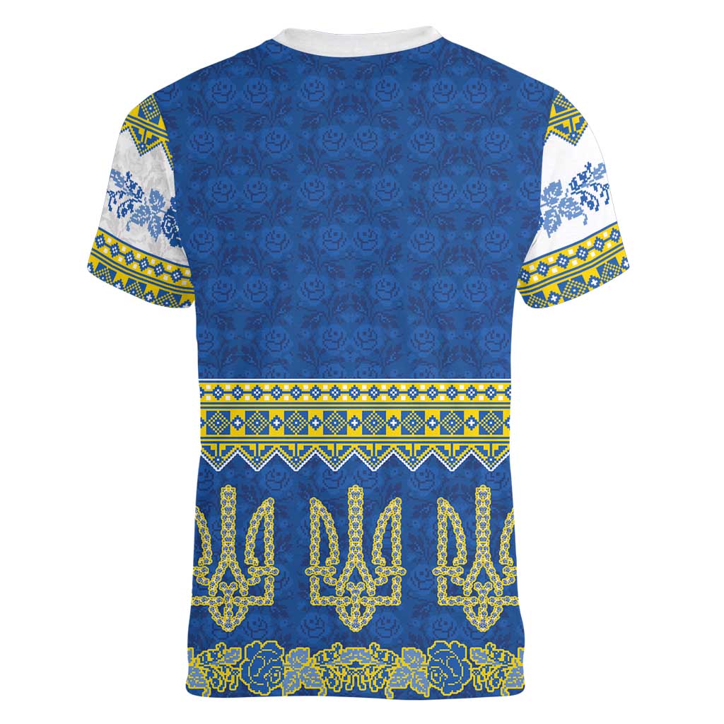 Ukraine Vyshyvanka Motif Women V-Neck T-Shirt Ukrainian Coat Of Arms Rose Patterns - Wonder Print Shop