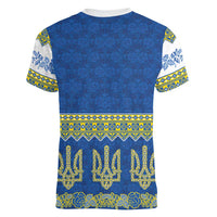 Ukraine Vyshyvanka Motif Women V-Neck T-Shirt Ukrainian Coat Of Arms Rose Patterns - Wonder Print Shop