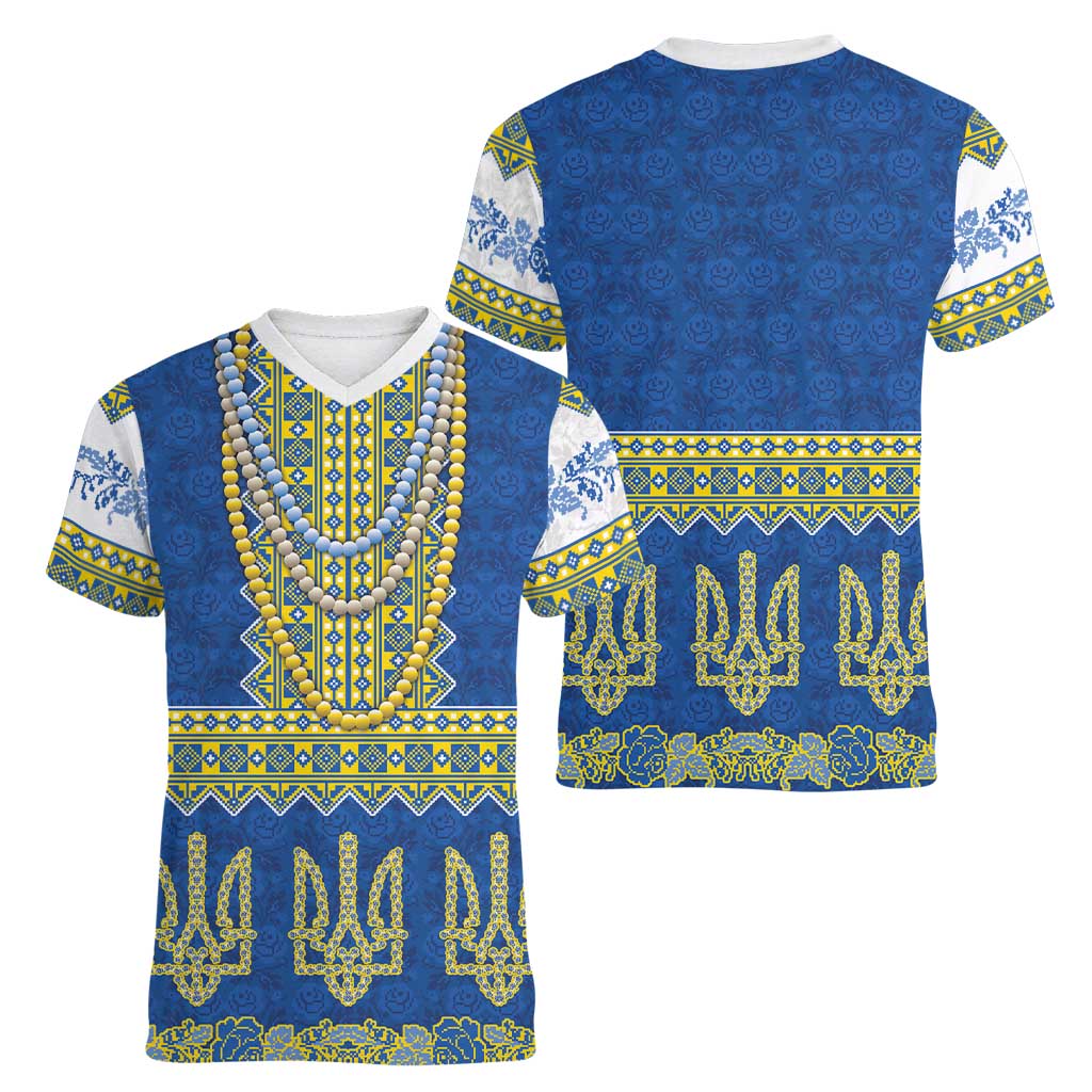 Ukraine Vyshyvanka Motif Women V-Neck T-Shirt Ukrainian Coat Of Arms Rose Patterns - Wonder Print Shop